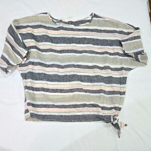 beachlunchlounge Gray, Taupe, and Pink Striped Linen Blouse with Side Knot XS
